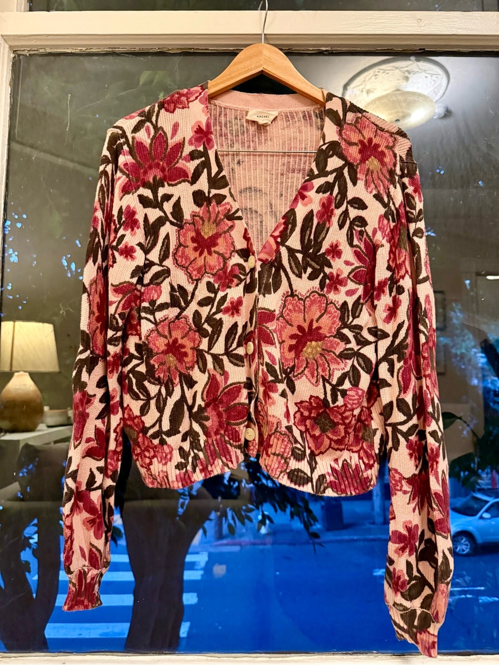 Anthropologie Pink Floral Knit Button-Up Cardigan